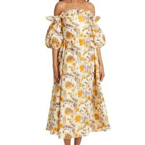 Kika Vargas Margaret Off-the-Shoulder Midi Dress in Yellow Lillies, Size
